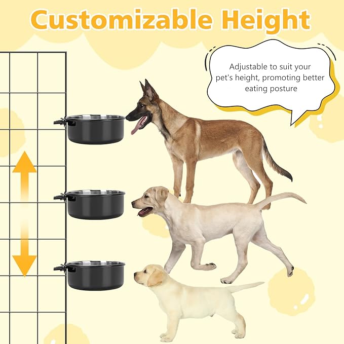 Large Dog Crate Water Bowl No Spill 2 Pack, Stainless Steel Dog Bowls for Food and Water, Pet Kennel Hanging Dogs Food Bowls for Medium/Large Dogs and Cats (7.1"x3.7" & 7.1"*2.6", Black)