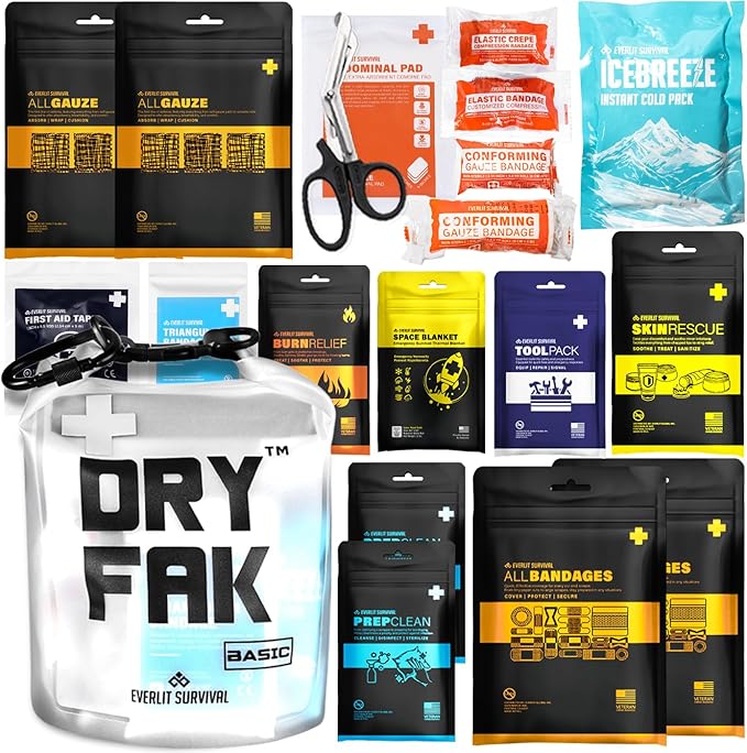 EVERLIT 290 Pc Waterproof First Aid Kit Dry FAK Medical Kit Emergency Survival Kit for Boat, Backpacking, Hiking, Fishing, Travel, Kayaking (Orange) (Clear)