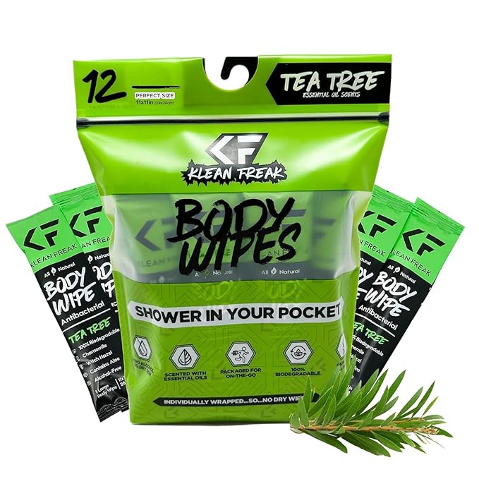 The Klean Freak Body Wipes - 12 count Individually Wrapped | Showerless Body Wipe for Women & Men | Sustainable Bodywipes for Gym, Travel, Camping | Tea-Tree