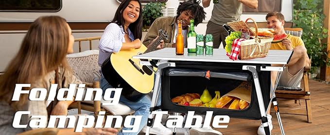 35IN Aluminum Camping Table with Large Storage Bag, Portable Roll-Up Folding Camp Table Adjustable Height Outdoor Kitchen for Camping Picnic Beach