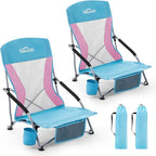 Homcosan Portable Low Folding Beach Chairs Set of 2 - Lightweight Camping Chairs for Adults with Cup Holder & Storage Pockets, Carry Bag Included (Blue & Pink)