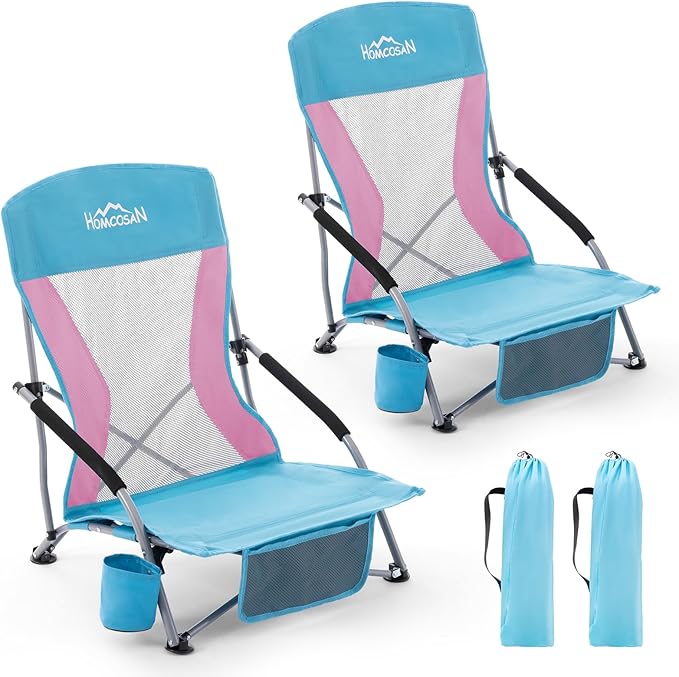 Homcosan Portable Low Folding Beach Chairs Set of 2 - Lightweight Camping Chairs for Adults with Cup Holder & Storage Pockets, Carry Bag Included (Blue & Pink)