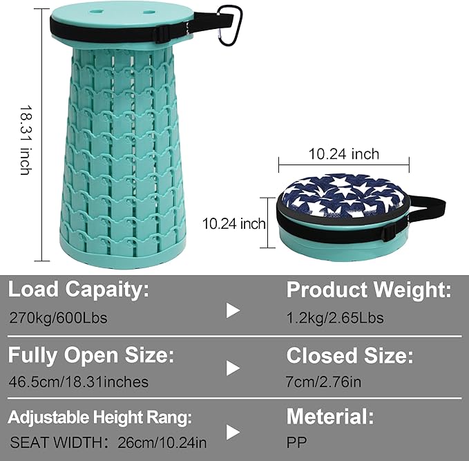 ALEVMOOM Upgraded Collapsible Stool with Thickened Cushion 18.31",600Lbs Max Weight Wider & Taller Pop Up Stool, Heavy Duty Portable Retractable Folding Chair or Travel Foot Rest for Camping Outdoors