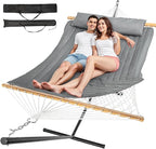 2 Person Outdoor Hammock with Stand, Cotton Rope Hammock with Polyester Pad, Adjustable Steel Frame, Portable with Carrying Bag – for Patio, Backyard, Garden, Beach,Dark-Gray