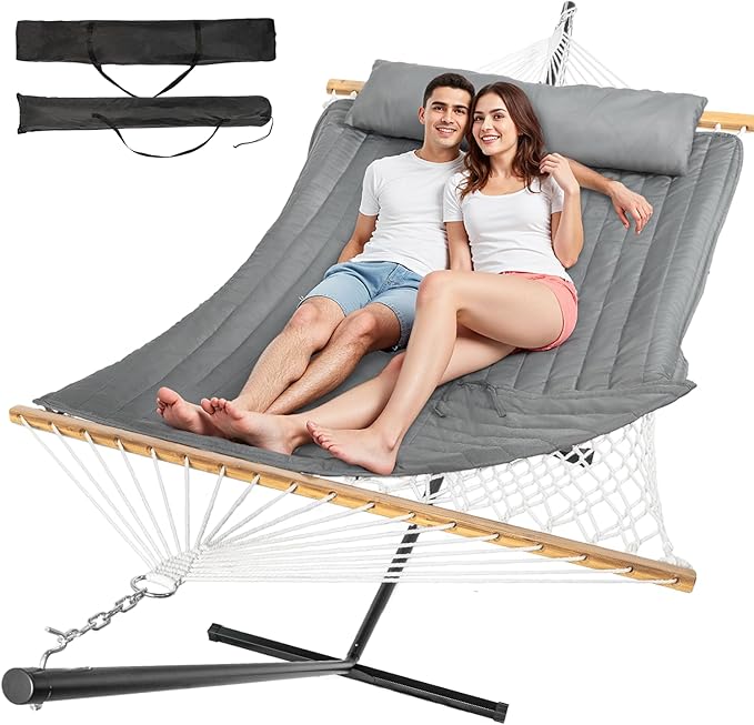 2 Person Outdoor Hammock with Stand, Cotton Rope Hammock with Polyester Pad, Adjustable Steel Frame, Portable with Carrying Bag – for Patio, Backyard, Garden, Beach,Dark-Gray