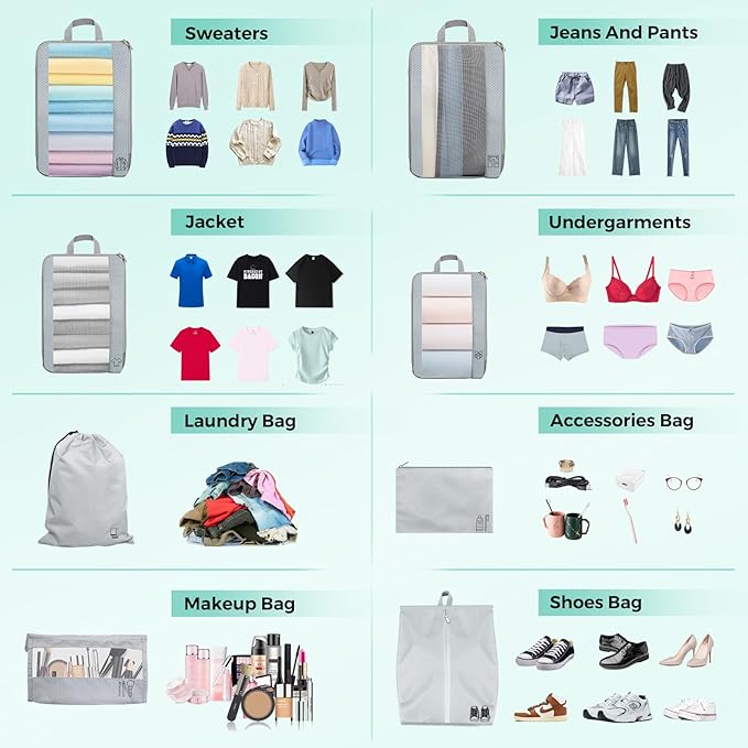 Compression Packing Cubes for Travel Expandable Mesh Packing Organizer Waterproof Portable Luggage Organizer Business Vacation Luggage Organizer-Gray 8 Pcs