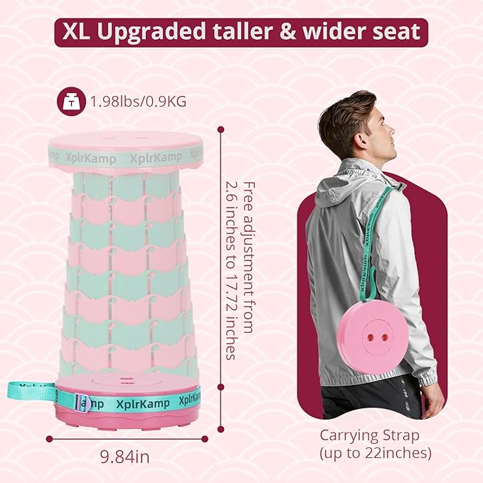 Retractable Folding Stool - Heavy Duty 400 lb Collapsible Portable Stool for Camping, Hiking, Fishing, Indoor/Outdoor with Non-Slip Base and Lightweight Design (Pink Green, 1-Pack)