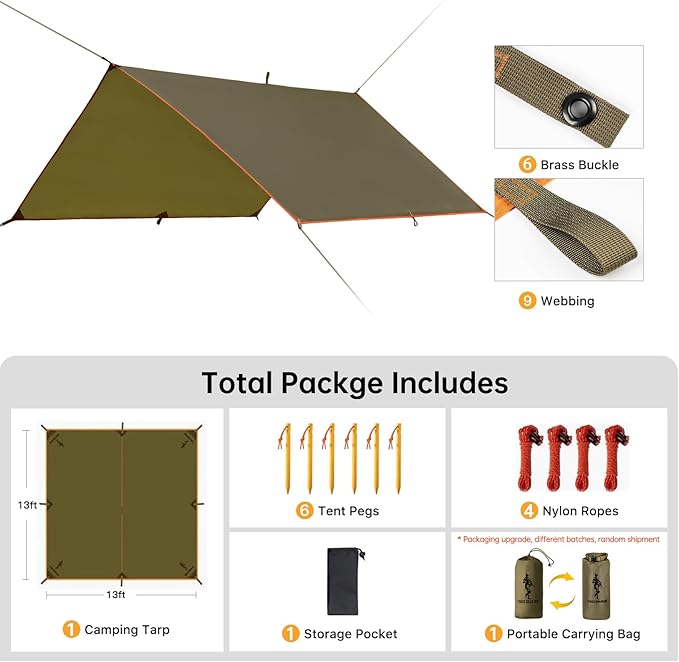 FREE SOLDIER Waterproof Portable Tarp Multifunctional Outdoor Camping Traveling Awning Backpacking Tarp Shelter Rain Tarps (Simplify Brown 10×10.5ft)