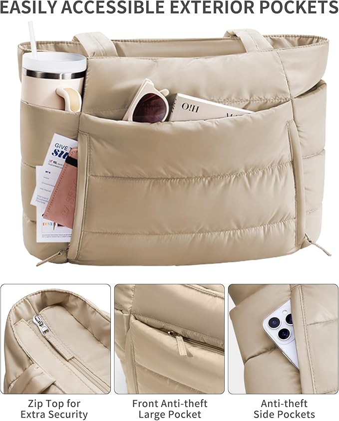Puffer Tote Bag for Women, Lightweight Puffy Work Handbag Teacher Nurse Quilted Shoulder Bag for School Travel Gym