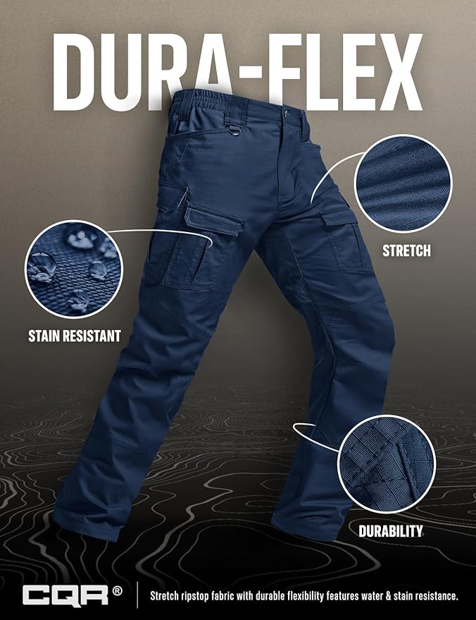 CQR Men's Flex Ripstop Tactical Pants, Water Resistant Stretch Cargo Pants, Lightweight EDC Hiking Work Pants