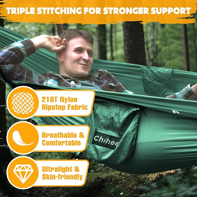 Chihee Ultra-Light Travel Camping Hammock Pop-up Net Hammock 660lbs Load Capacity,Breathable,Quick-Drying Parachute Nylon 2 Premium Carabiners,2 Tree Slings Included for Outdoor Backpacking Hiking