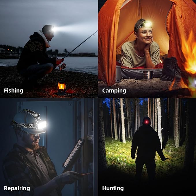 Headlamp Rechargeable, 8 LED Head Lamp, 360° Double Sided Rotating Head Flashlight, Super Bright Outdoor Waterproof Headlight for Camping, Running, Hiking, Hunting, Fishing, Reading, Working