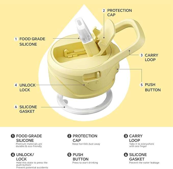 IDEUS Insulated Stainless Steel Water Bottle with 2 Leak-Proof Lids, Thermal Water Flask for Hiking Biking, 40oz, Light Yellow