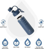 IDEUS Insulated Stainless Steel Water Bottle with 2 Leak-Proof Lids, Thermal Water Flask for Hiking Biking, 18oz, Navy Blue