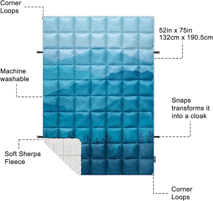 zzlamb Sherpa Puffy Camping Blanket,Packable Outdoor Warm Wearable Fleece Blankets for Cold Weather,Thick Camp Quilt with Sherpa Lining for Sleeping,Traveling,Backpacking,Picnics,Beach,Stadium 52x75in