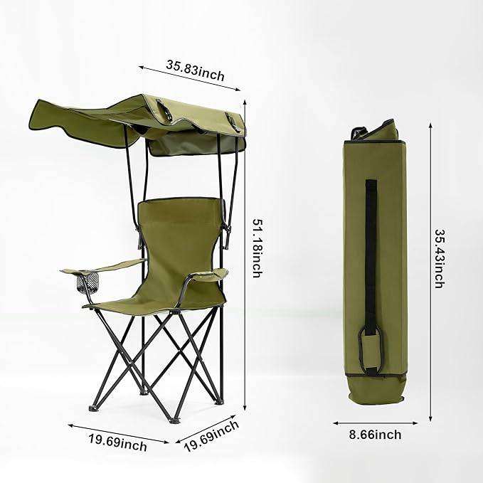Folding Camping Chair with Canopy, Portable Outdoor Beach Chair for Fishing, BBQ, Picnic, Backyard, Lightweight Sun Shade Chair with Cup Holder, Army Green