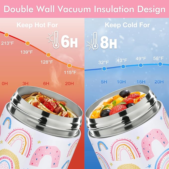 12oz 2 Pack Insulated Food Jar Set for Kids Soup Thermo Hot Food Lunch Container Wide Mouth Leak Proof Stainless Steel Vacuum Bento Box for School Office Travel Outdoors
