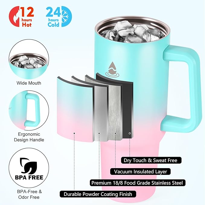 40 oz Tumbler with Handle and Straw or Convert to 40 oz Insulated Water Bottle Fits in Cup Holder. Stainless Steel Metal Water Flask with 2 Lids for Travel,Camping,Gym Sports Coffee Mug Thermal Cup