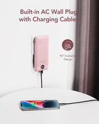 VEGER Portable Charger with Built-in AC Plug and Cables, All in One 10000mAh Ultra-Slim Power Bank, 15W Fast Charging for iPhone, Samsung, Android, Travel Essential (Crepe)
