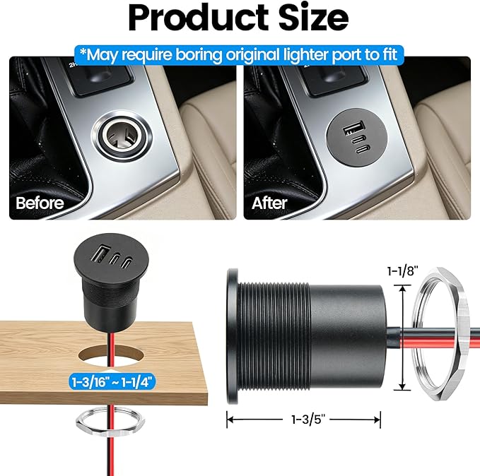 Acegoo 78W 12V USB Outlet, Dual 30W PD3.0 Type-C & 18W QC3.0 Aluminum Car Charger Socket, Multi Port Fast Charging Replacement Socket Accessories for RV Camper Trailer Truck Boat (1 Pcs)