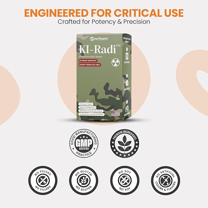 EarthNutri KI-Radi™ Potassium Iodide Tablets 65 mg – High Potency Iodine Supplement for Thyroid Support, Emergency Preparedness – Potassium Supplement in Foil-Foil Blister Seal – 100 Tablets (5 Pack)