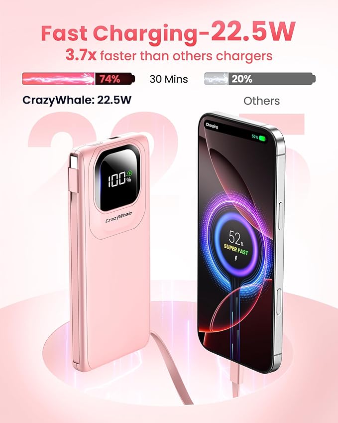 Portable Charger Power Bank with Built-in Cables, 22.5W Fast Charging 10000mAh Phone Charger, Travel Battery Pack Slim Battery Bank with Smart LED Display for iPhone, Android & USB-C Devices (Pink)