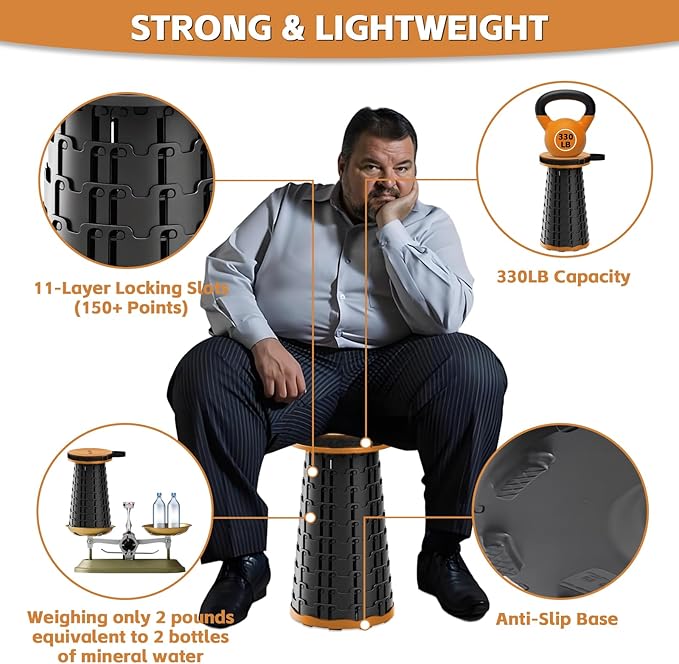 Collapsible Stool - Lightweight Portable Folding Stool for Camping, 330lb Capacity Telescoping Stool Adjustable Height(2.3-17.7") for Camping Fishing Travel