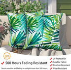 Magpie Fabrics Patio Pillow with Insert 18"x18", Set of 2, Fade-Resistant Outdoor Indoor Cushion Decorative Throw Pillow Decoration for Couch Garden Furniture - Green Palm Leaves
