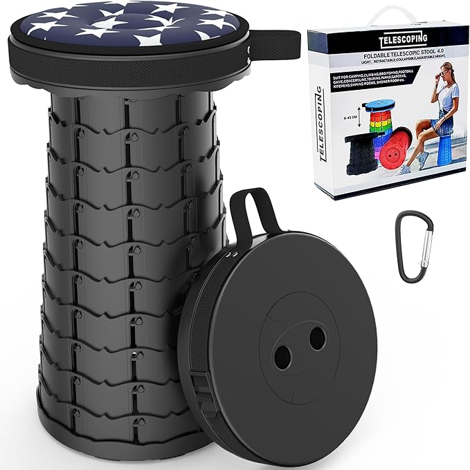 ALEVMOOM Collapsible Stool with Cushion, Portable Telescoping More Sturdy Load Capacity 200kg, Retractable Adjustable Camping Folding Stool for Outdoor Hiking BBQ Climb