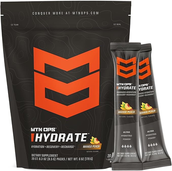 MTN OPS Hydrate Electrolytes Powder Drink Mix, 20 Single Serving On-The-Go Electrolyte Packs with Over 1000mg of Electrolytes per Serving, Mango Peach