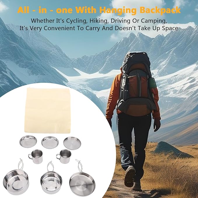8PCS Stainless Steel Camping Cooking Set Cookware Mess Kit Cook Pots and Pan Set with Plates Cups, Lightweight Camping Cookware for Hiking Backpacking Outdoor Cooking and Picnic