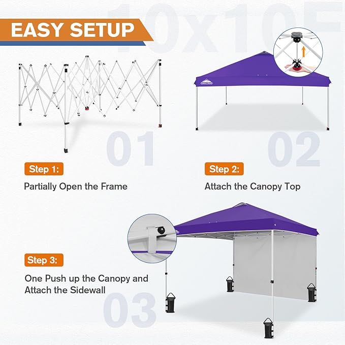 EAGLE PEAK Pop Up Canopy Tent with 1 Sidewall, Easy Setup Event Tent, Outdoor Sun Shade, Wheeled Carry Bag, Stakes and Guy Ropes, Instant Canopy 10x10, Purple
