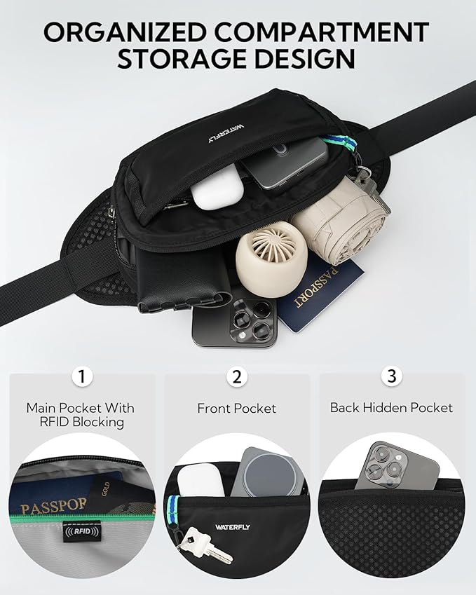 WATERFLY Fanny Pack Waist Bag: Large RFID Blocking Crossbody Bags with Multi-Pockets, Breathable Casual Anti-Theft Hip Pouch for Women Men Traveling Walking Hiking-Black