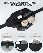 WATERFLY Fanny Pack Waist Bag: Large RFID Blocking Crossbody Bags with Multi-Pockets, Breathable Casual Anti-Theft Hip Pouch for Women Men Traveling Walking Hiking-Black