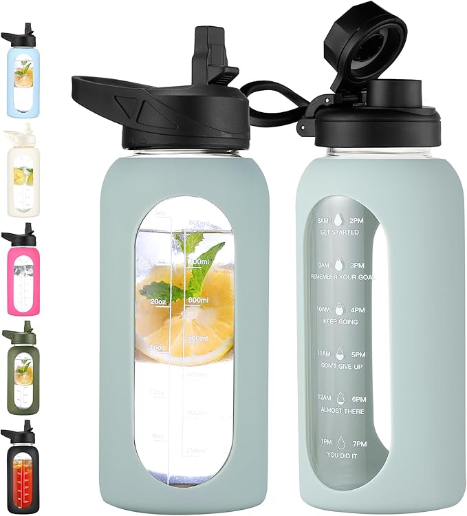 CIVAGO 32 oz Glass Water Bottle with Straw and Handle, Large Sports Motivational Water Bottle Flask with Time Marker and 2 Lids, Leakproof Water Jug Canteen with Silicone Sleeve for Gym, Sage