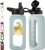 CIVAGO 32 oz Glass Water Bottle with Straw and Handle, Large Sports Motivational Water Bottle Flask with Time Marker and 2 Lids, Leakproof Water Jug Canteen with Silicone Sleeve for Gym, Sage
