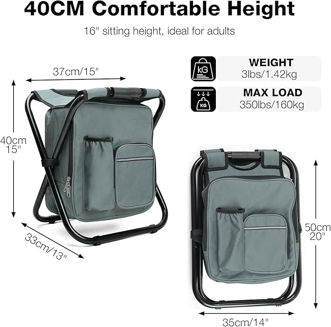Folding Camping with Cooler Heavy Duty 350lbs for Adults, Portable Backpack Cooler Chair for Hunting, Gray