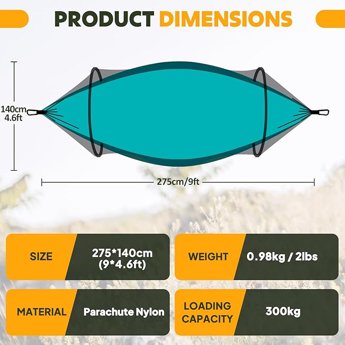Chihee Ultra-Light Travel Camping Hammock Pop-up Net Hammock 660lbs Load Capacity,Breathable,Quick-Drying Parachute Nylon 2 Premium Carabiners,2 Tree Slings Included for Outdoor Backpacking Hiking