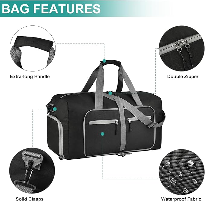 Dimayar 40L Travel Duffle Bag for Men Women - Foldable Duffel Bag with Shoes Compartment - Overnight Bags Waterproof & Tear Resistant(Black)