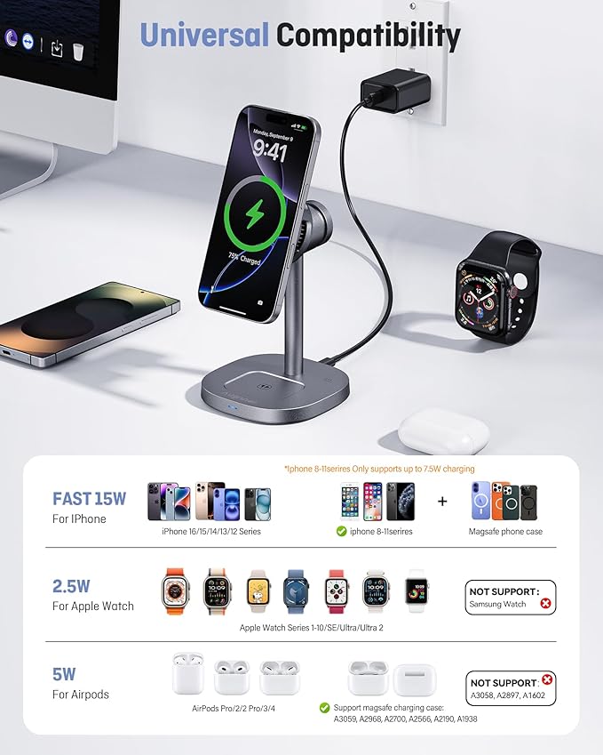2026 New Magnetic Wireless Charger Stand with TEC Active Cooling, 15W Qi2-Certified 3 in 1 Charging Station for Apple Charger Stand, Wireless Charger for iPhone17/16/15/14/13/12, Apple Watch, AirPods
