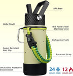 BJPKPK Water Bottle with Straw Lid, 18oz Insulated Water Bottles with 3 Lids, Paracord Handle & Non-slip Boot, Metal Stainless Steel Thermo, BPA Free Leak Proof Cups, Tumblers,Macaron Green