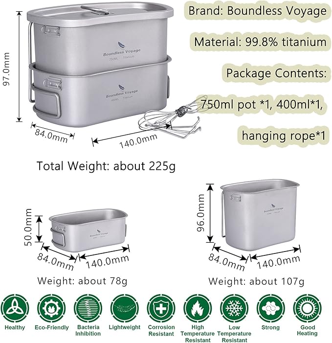 Boundless Voyage 1100ml Titanium Military Canteen & 750ml+400ml Mess Kit Set Ultralight Camping Bottle and Cookware with Folding Handle, Hanging Rope for Outdoor Cooking, Hiking, Backpacking Ti2049C