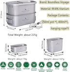 Boundless Voyage 1100ml Titanium Military Canteen & 750ml+400ml Mess Kit Set Ultralight Camping Bottle and Cookware with Folding Handle, Hanging Rope for Outdoor Cooking, Hiking, Backpacking Ti2049C