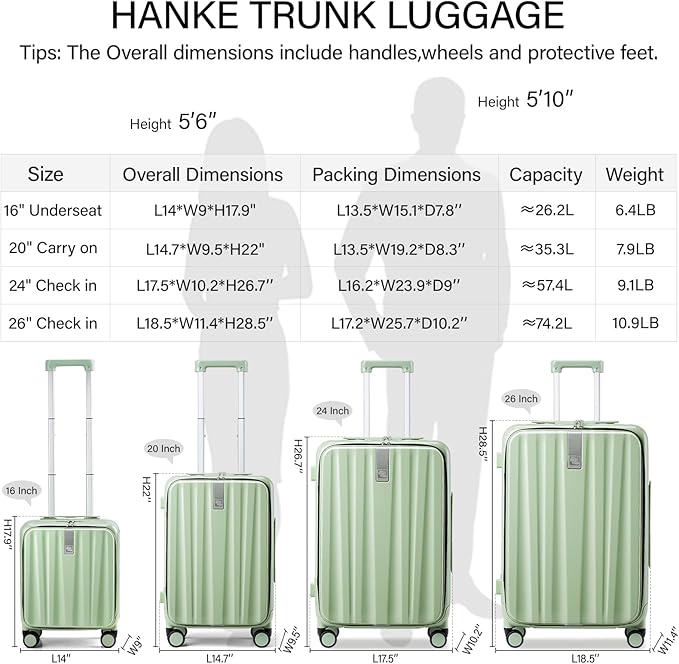 Hanke 20 Inch Carry-On Luggage with Wheels PC Hard Shell Suitcases Top Opening Aluminum Frame Travel Luggage Suitcases for Woman Men.(Bamboo Green)