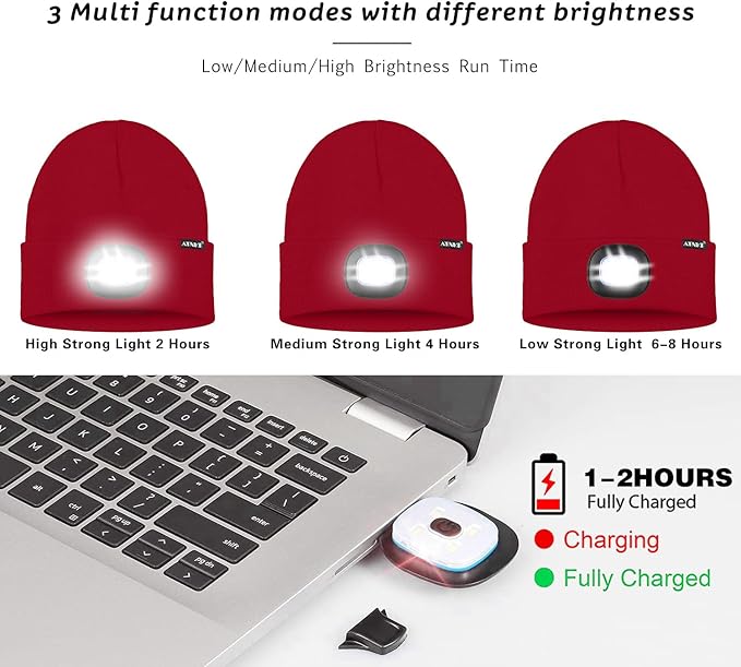ATNKE LED Lighted Beanie Hat,USB Rechargeable 4 LED Running Headlamp Bright Cap with The Light Gifts for Men and Women