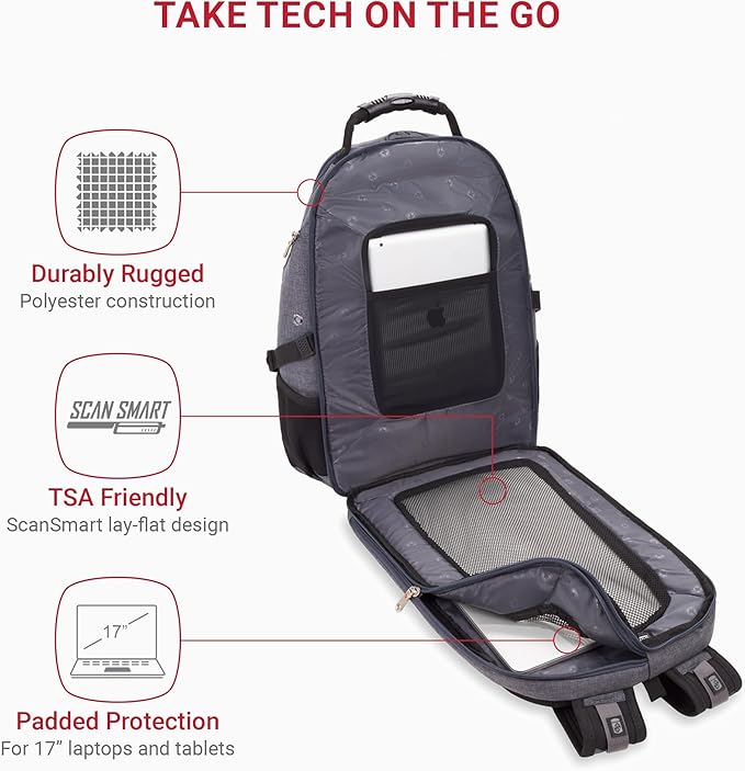 SwissGear 1900 ScanSmart 17” Laptop Backpack Grey Heather – Reflective Tech Backpack with ScanSmart Compartment – Multiple Organizer Pockets & RFID Scan Blocking Technology