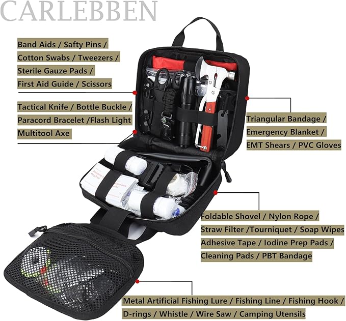 Carlebben Survival Kit Camping kit First Aid Kit Emergency Bugout Bag Gifts for Men Tactical Gear Accessories Molle Attachments Military