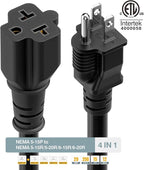 15FT NEMA 5-15P to 5-15R/ 5-20R/ 6-15R/ 6-20R AC Adapter, Plugrand 12AWG 15 Amp Household AC Plug to 20 Amp T Blade Adapter Cable, 15A 125V to 20A 250V Extension Cable, 15FT, Black