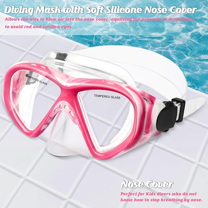 Kids Swim Goggles Snorkel Diving Mask for Boys Girls Ages 5-15, Two-Color Anti-Fog Swimming Goggles with Nose Cover
