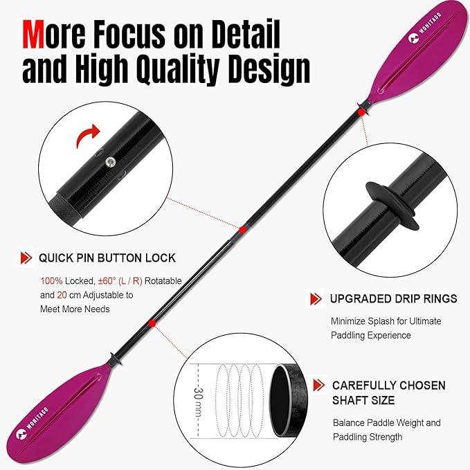 Kayak Paddles with Fiberglass Shaft and Reinforced PP Blade, Floating Adjustable Kayaking Oars, 3 Piece, 220-240 cm/86-94 Inches, 240-260 cm/94-102 Inches